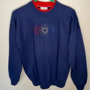 MORNING SUN LG Navy/Red Bedazzled Hearts Sweatshirt Novelty Grandmacore Patriot